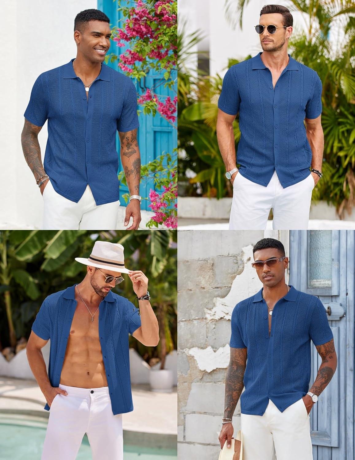imageCOOFANDY Mens Knit Button Down Shirts Casual Textured Polo Shirt Short Sleeve Vintage Summer Beach TopsDeep Blue