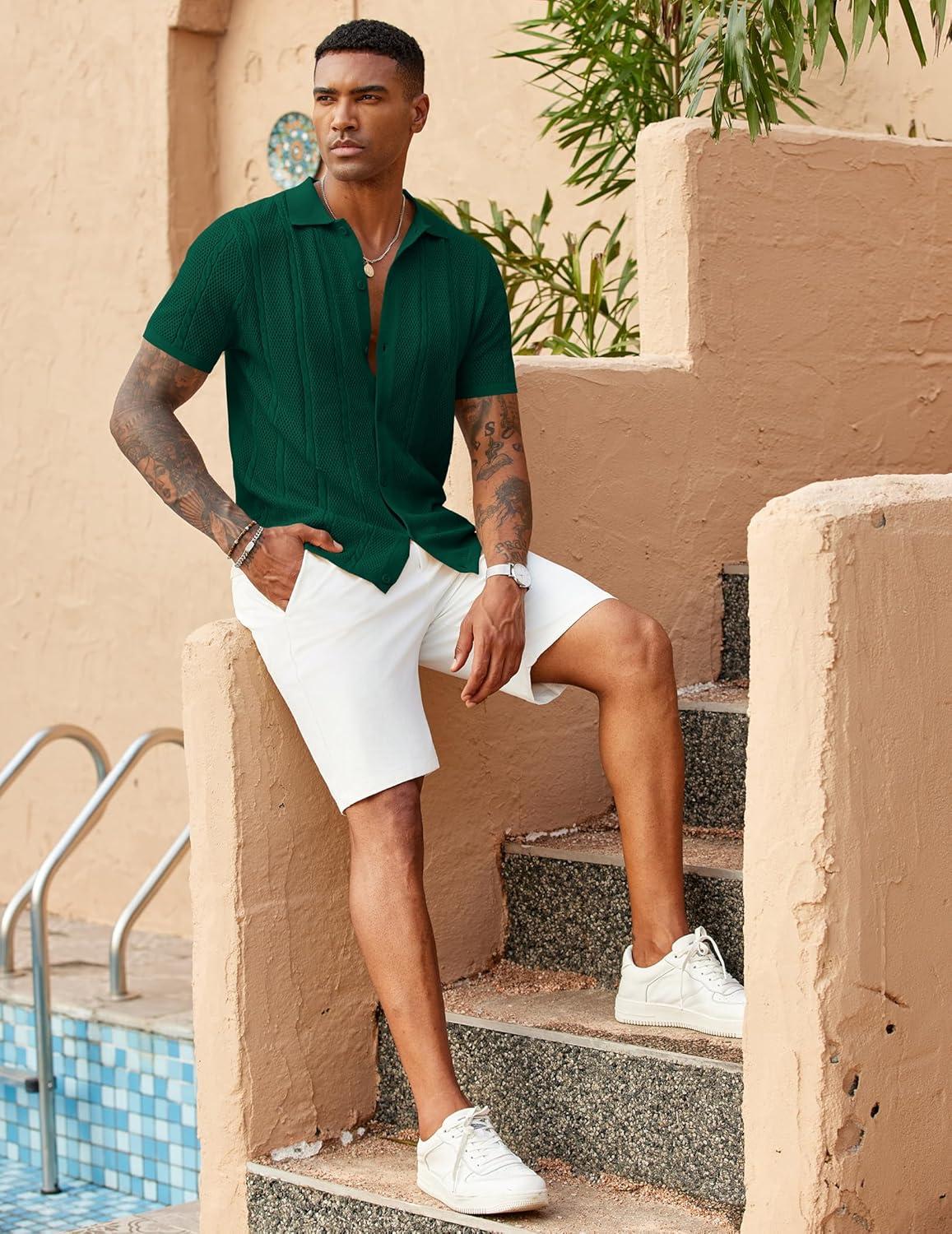 imageCOOFANDY Mens Knit Button Down Shirts Casual Textured Polo Shirt Short Sleeve Vintage Summer Beach TopsGreen