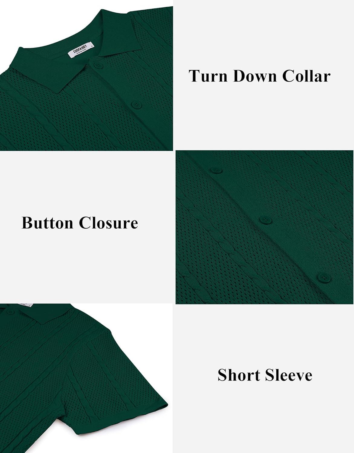 imageCOOFANDY Mens Knit Button Down Shirts Casual Textured Polo Shirt Short Sleeve Vintage Summer Beach TopsGreen