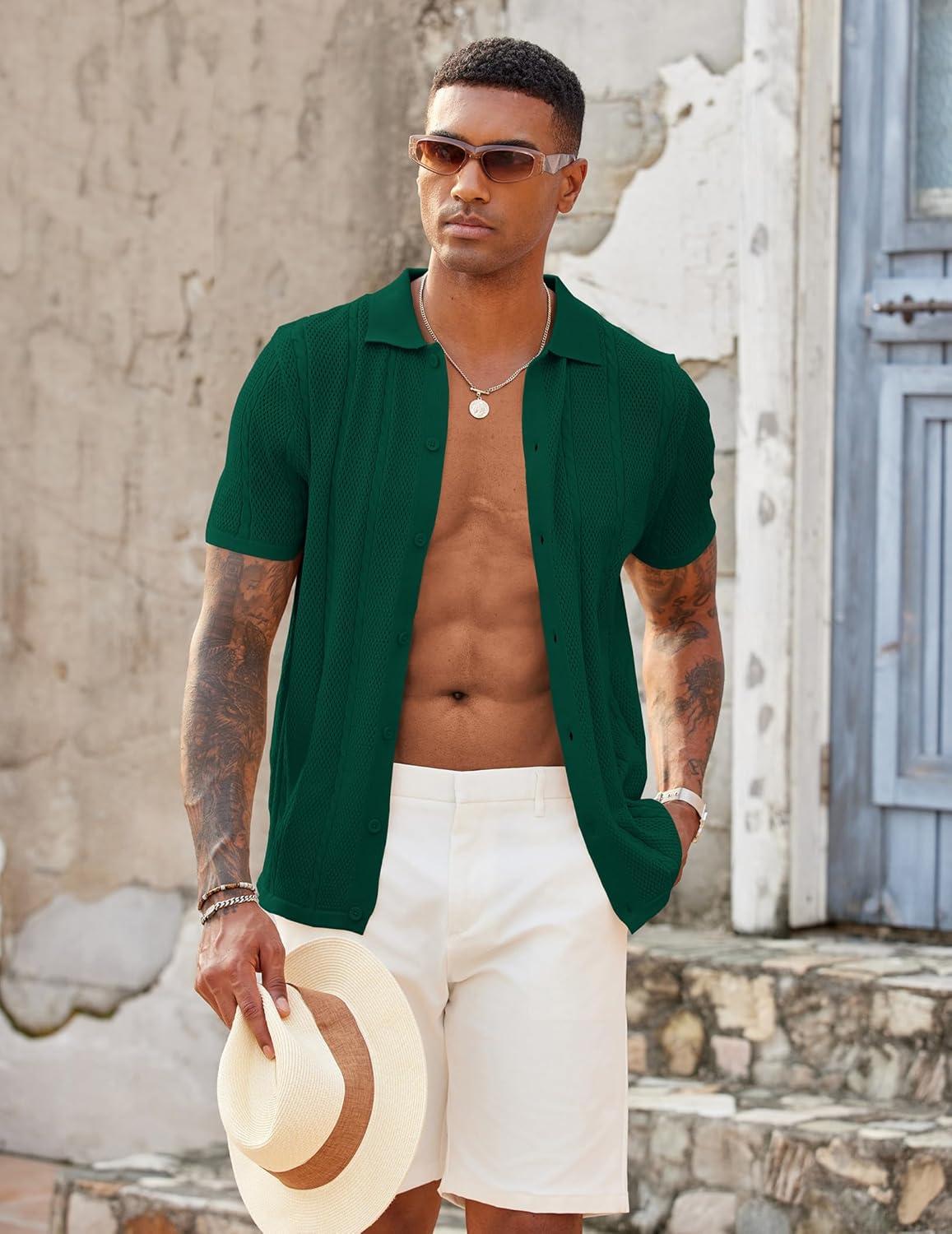 imageCOOFANDY Mens Knit Button Down Shirts Casual Textured Polo Shirt Short Sleeve Vintage Summer Beach TopsGreen