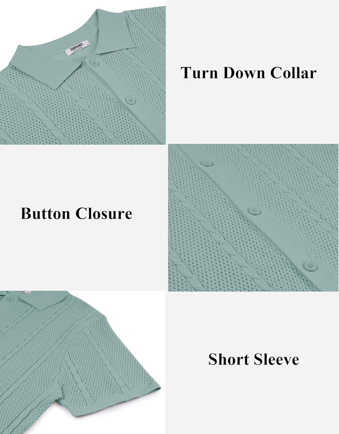 imageCOOFANDY Mens Knit Button Down Shirts Casual Textured Polo Shirt Short Sleeve Vintage Summer Beach TopsIce Green