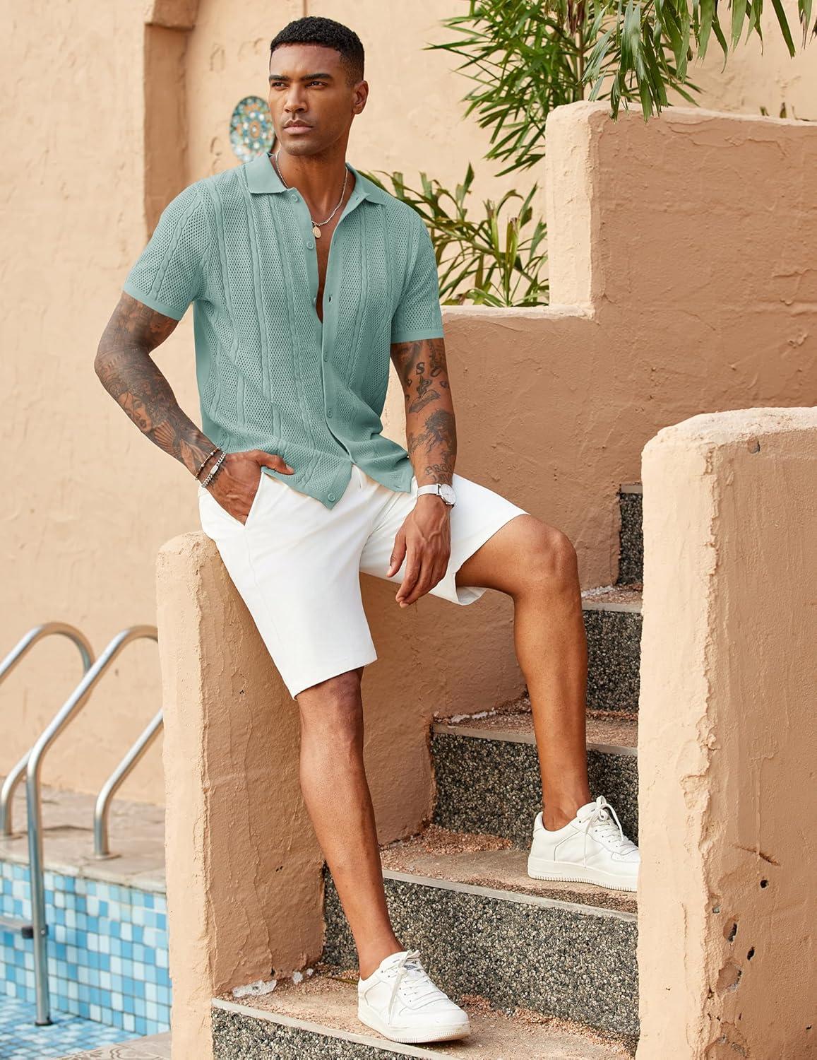 imageCOOFANDY Mens Knit Button Down Shirts Casual Textured Polo Shirt Short Sleeve Vintage Summer Beach TopsIce Green