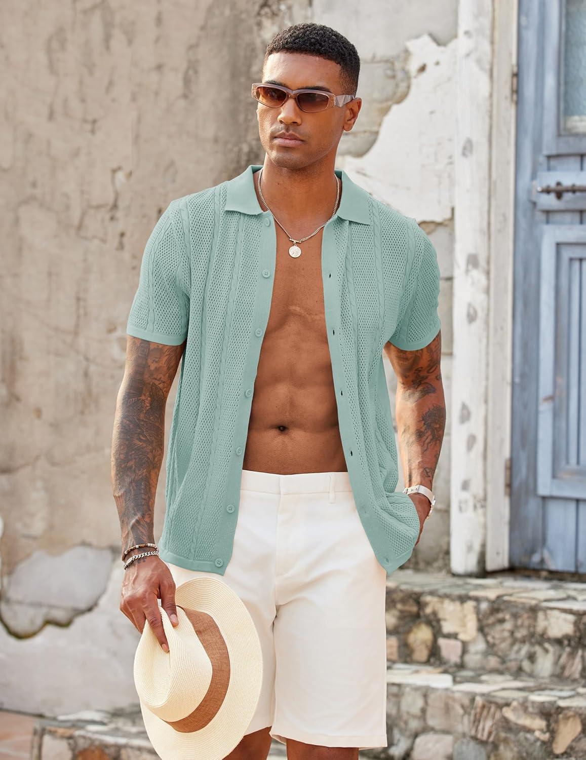 imageCOOFANDY Mens Knit Button Down Shirts Casual Textured Polo Shirt Short Sleeve Vintage Summer Beach TopsIce Green