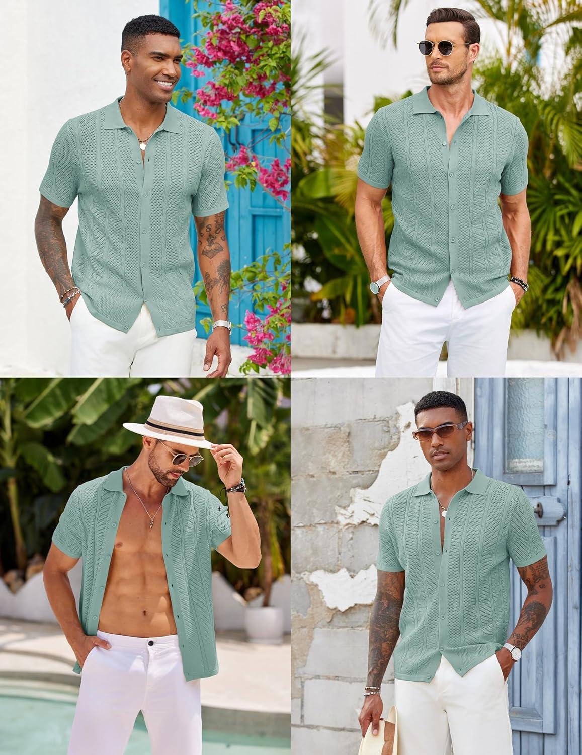 imageCOOFANDY Mens Knit Button Down Shirts Casual Textured Polo Shirt Short Sleeve Vintage Summer Beach TopsIce Green