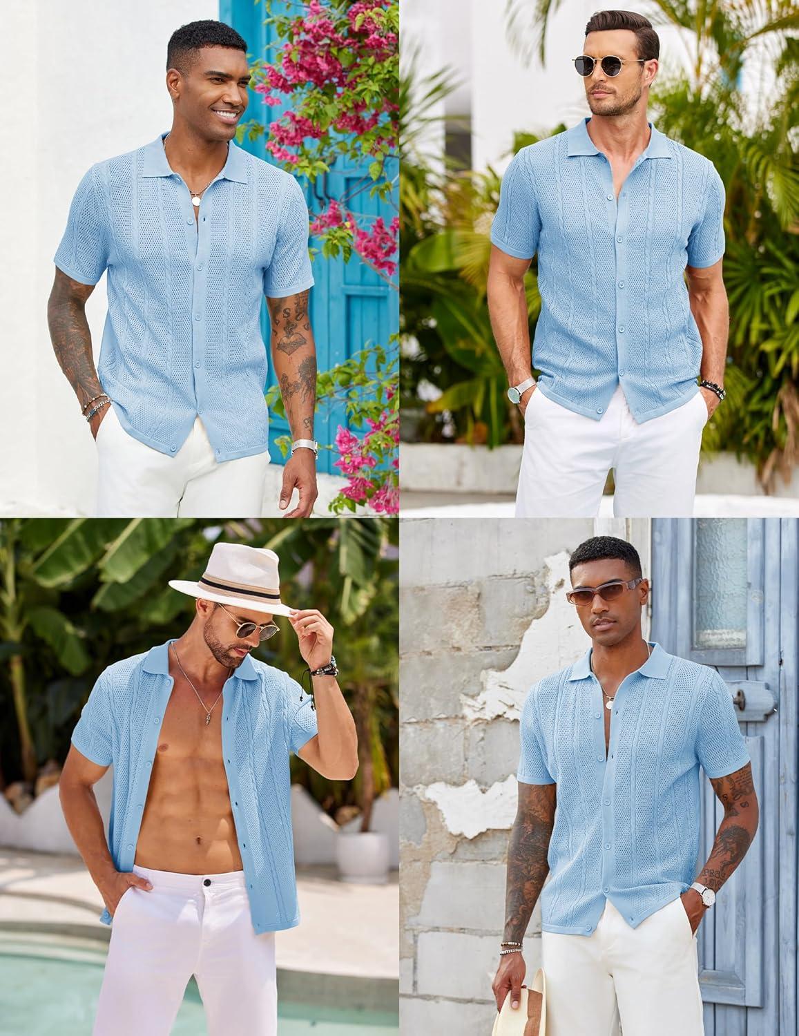 imageCOOFANDY Mens Knit Button Down Shirts Casual Textured Polo Shirt Short Sleeve Vintage Summer Beach TopsLight Blue