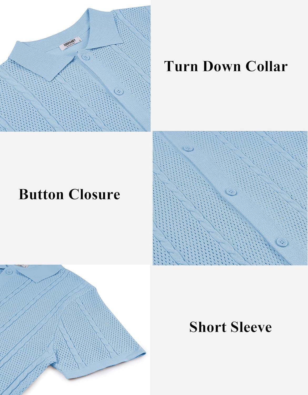 imageCOOFANDY Mens Knit Button Down Shirts Casual Textured Polo Shirt Short Sleeve Vintage Summer Beach TopsLight Blue