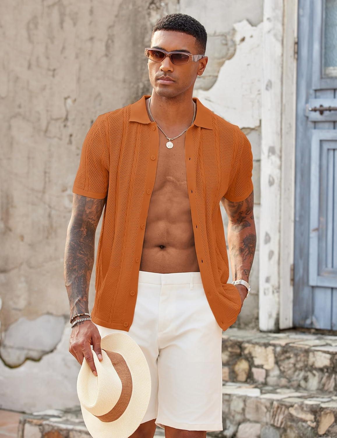imageCOOFANDY Mens Knit Button Down Shirts Casual Textured Polo Shirt Short Sleeve Vintage Summer Beach TopsLight Brown