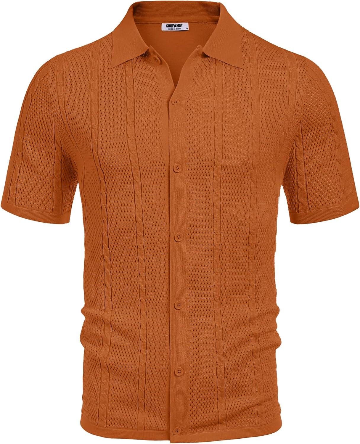 imageCOOFANDY Mens Knit Button Down Shirts Casual Textured Polo Shirt Short Sleeve Vintage Summer Beach TopsLight Brown