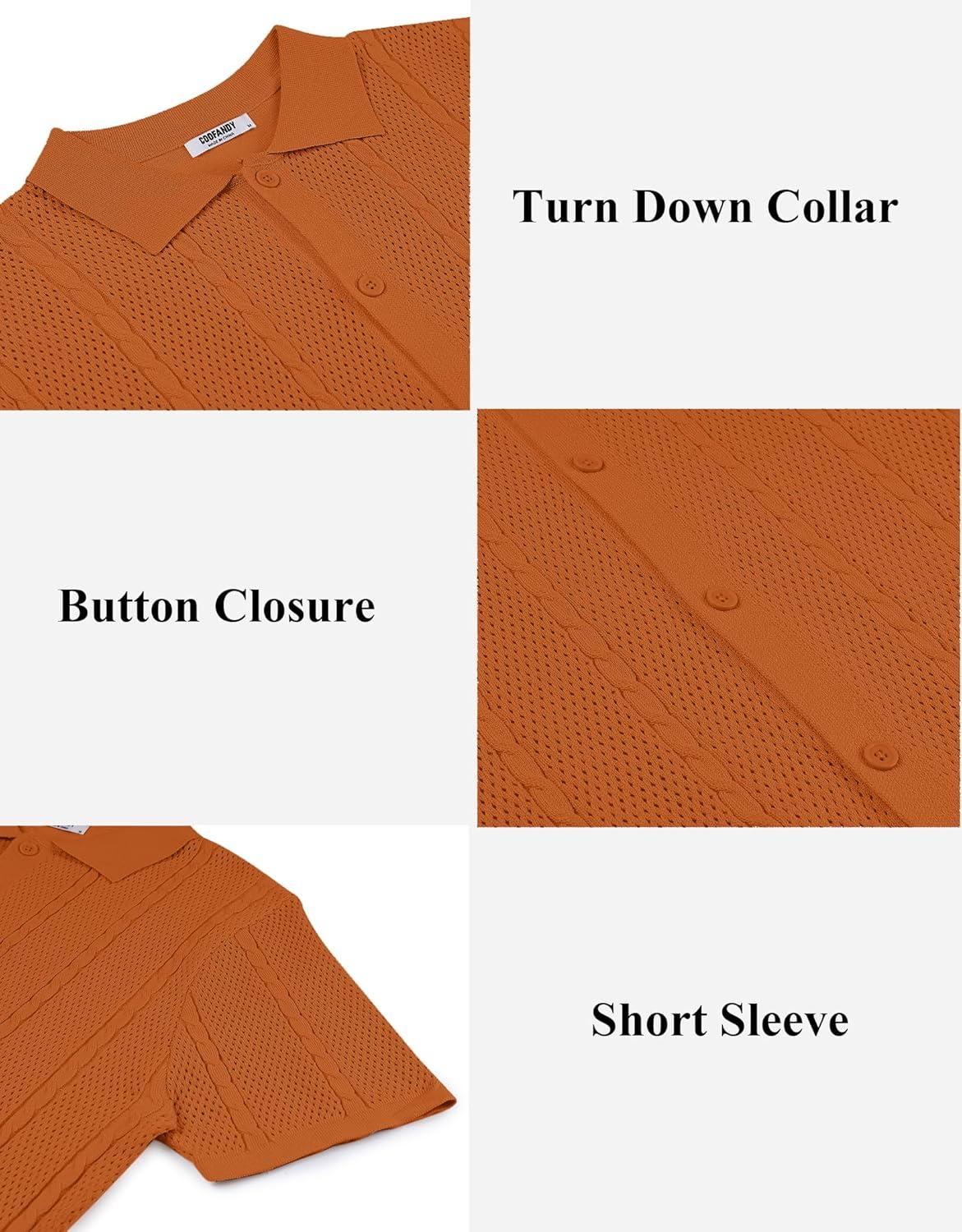imageCOOFANDY Mens Knit Button Down Shirts Casual Textured Polo Shirt Short Sleeve Vintage Summer Beach TopsLight Brown