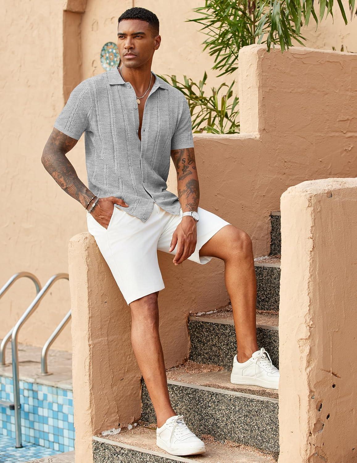 imageCOOFANDY Mens Knit Button Down Shirts Casual Textured Polo Shirt Short Sleeve Vintage Summer Beach TopsLight Grey