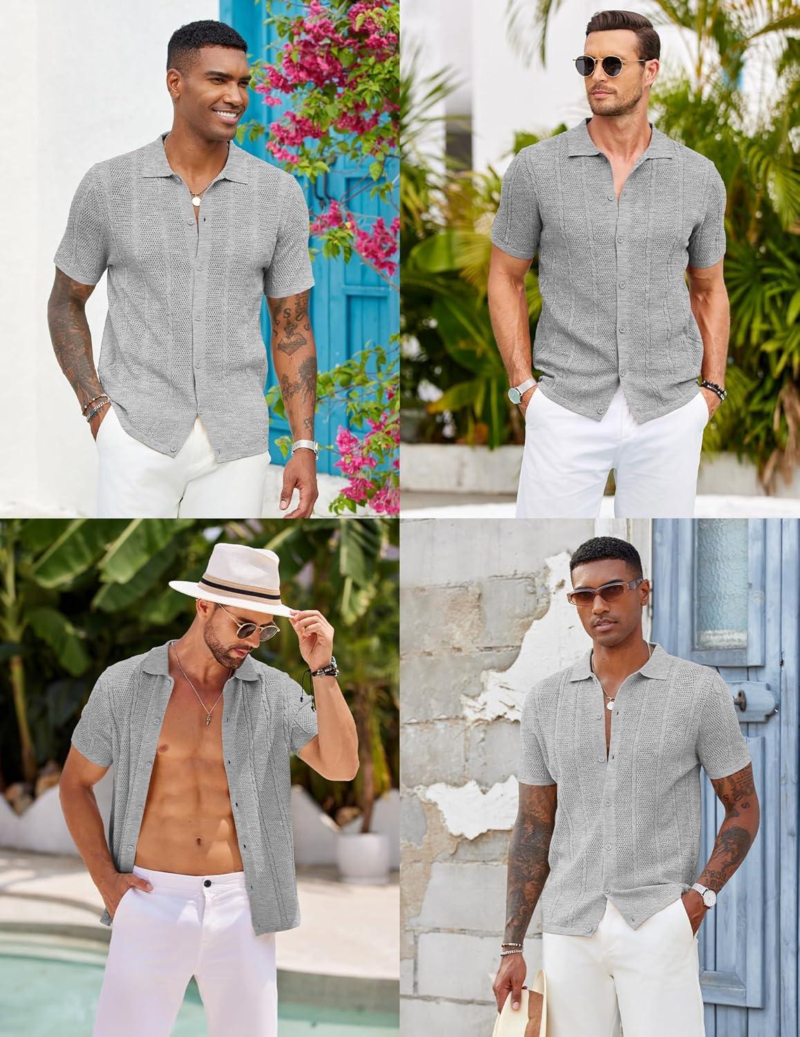 imageCOOFANDY Mens Knit Button Down Shirts Casual Textured Polo Shirt Short Sleeve Vintage Summer Beach TopsLight Grey