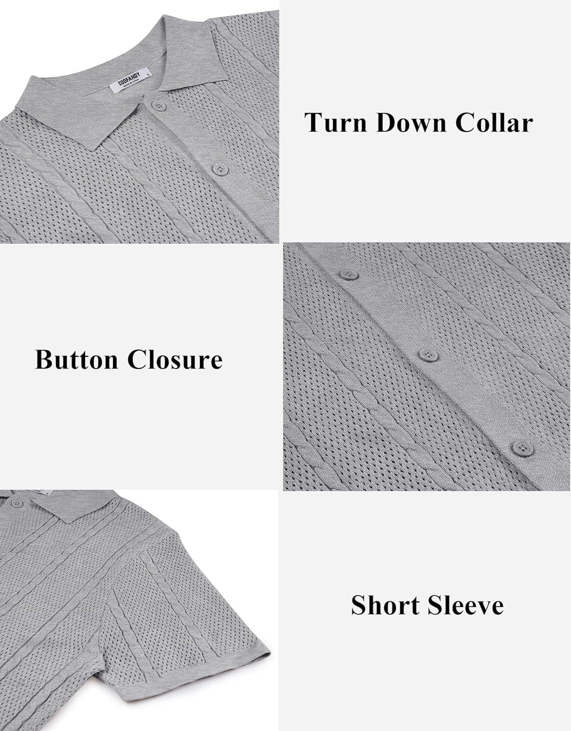 imageCOOFANDY Mens Knit Button Down Shirts Casual Textured Polo Shirt Short Sleeve Vintage Summer Beach TopsLight Grey
