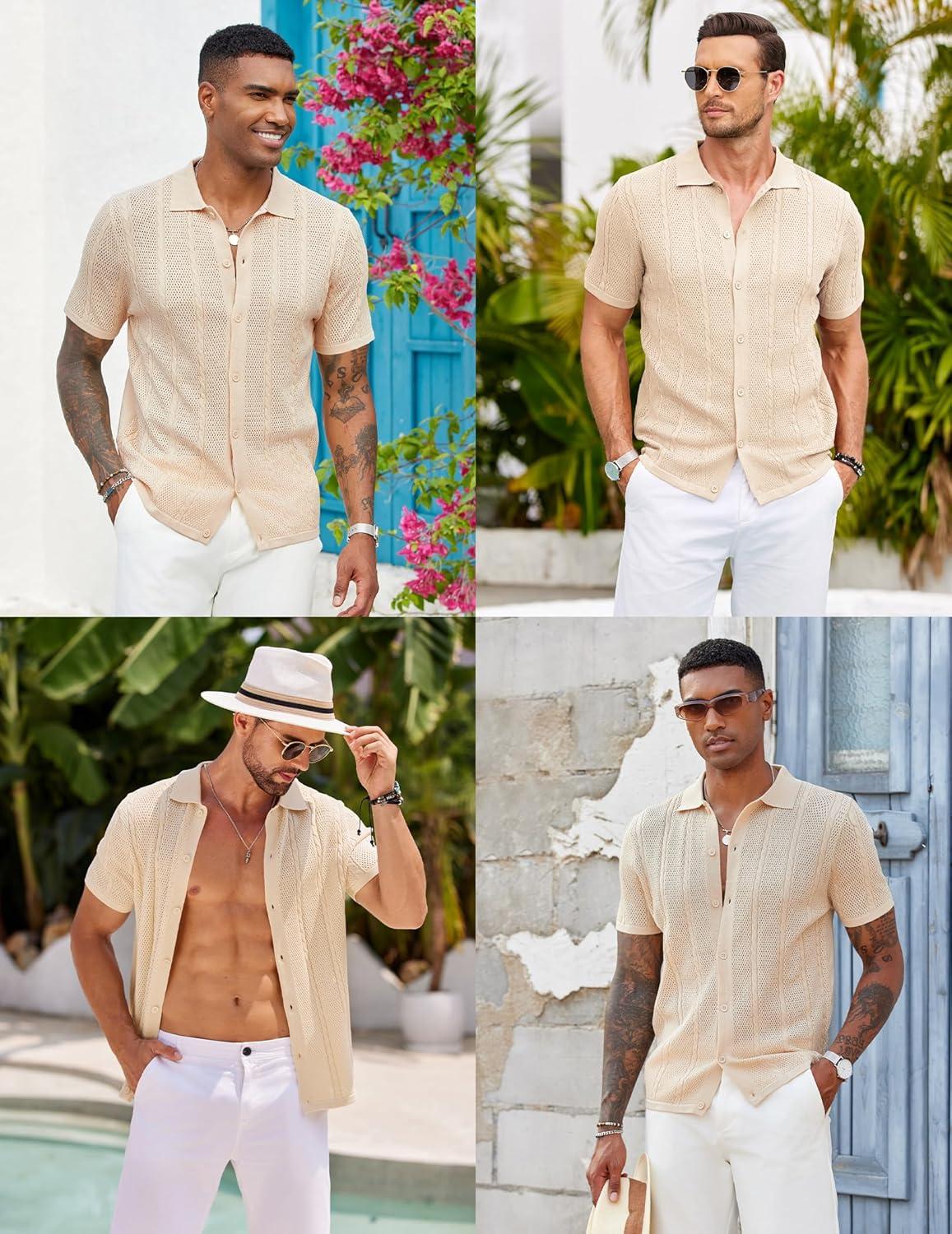 imageCOOFANDY Mens Knit Button Down Shirts Casual Textured Polo Shirt Short Sleeve Vintage Summer Beach TopsLight Khaki
