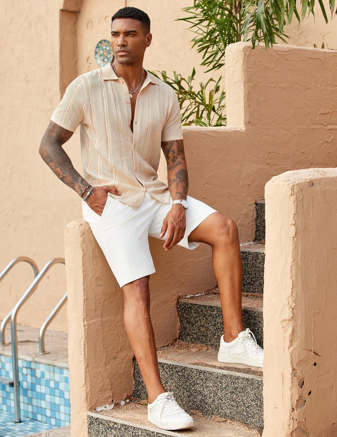imageCOOFANDY Mens Knit Button Down Shirts Casual Textured Polo Shirt Short Sleeve Vintage Summer Beach TopsLight Khaki