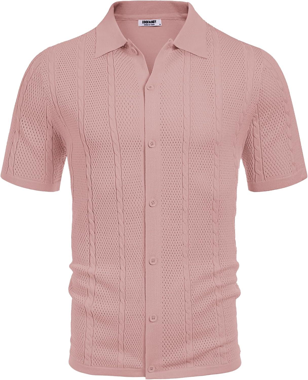 imageCOOFANDY Mens Knit Button Down Shirts Casual Textured Polo Shirt Short Sleeve Vintage Summer Beach TopsLight Pink