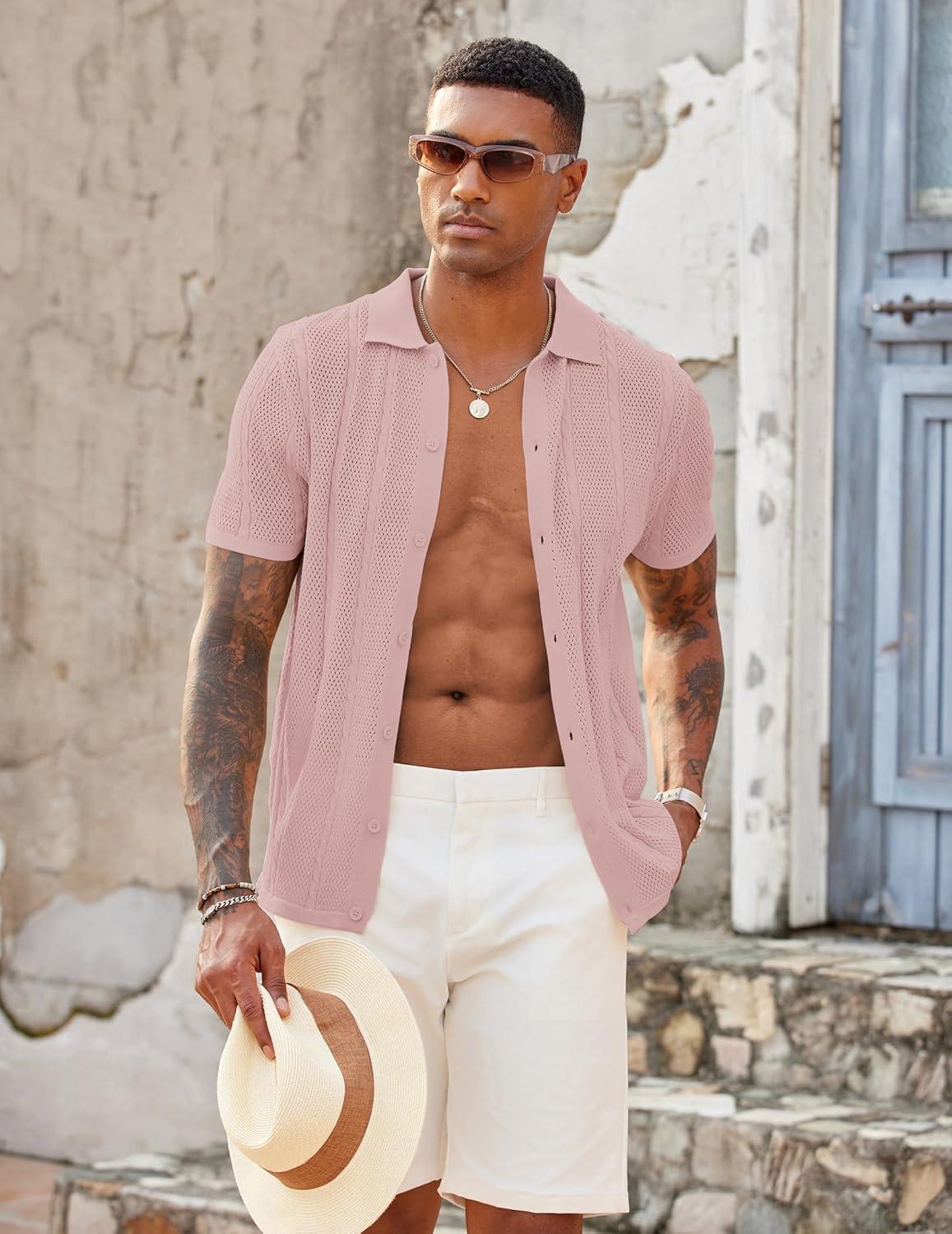imageCOOFANDY Mens Knit Button Down Shirts Casual Textured Polo Shirt Short Sleeve Vintage Summer Beach TopsLight Pink