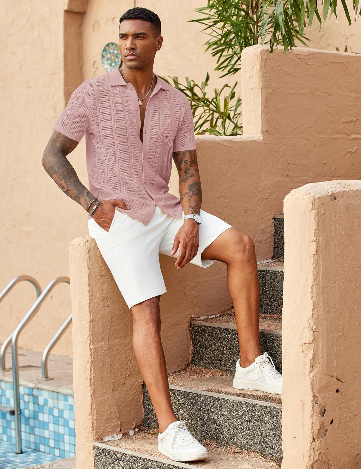 imageCOOFANDY Mens Knit Button Down Shirts Casual Textured Polo Shirt Short Sleeve Vintage Summer Beach TopsLight Pink