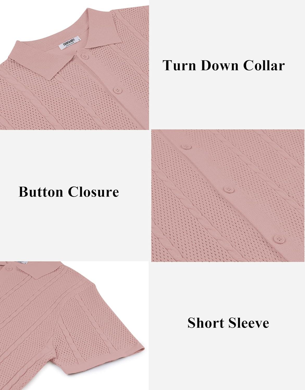 imageCOOFANDY Mens Knit Button Down Shirts Casual Textured Polo Shirt Short Sleeve Vintage Summer Beach TopsLight Pink