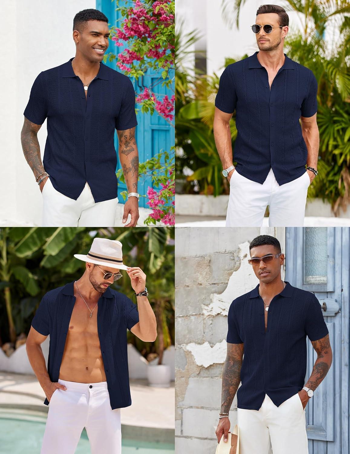 imageCOOFANDY Mens Knit Button Down Shirts Casual Textured Polo Shirt Short Sleeve Vintage Summer Beach TopsNavy Blue