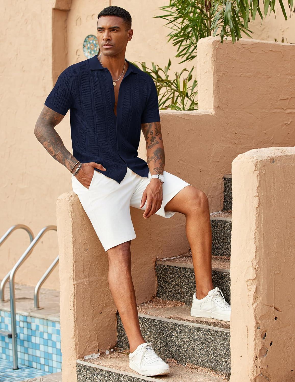 imageCOOFANDY Mens Knit Button Down Shirts Casual Textured Polo Shirt Short Sleeve Vintage Summer Beach TopsNavy Blue