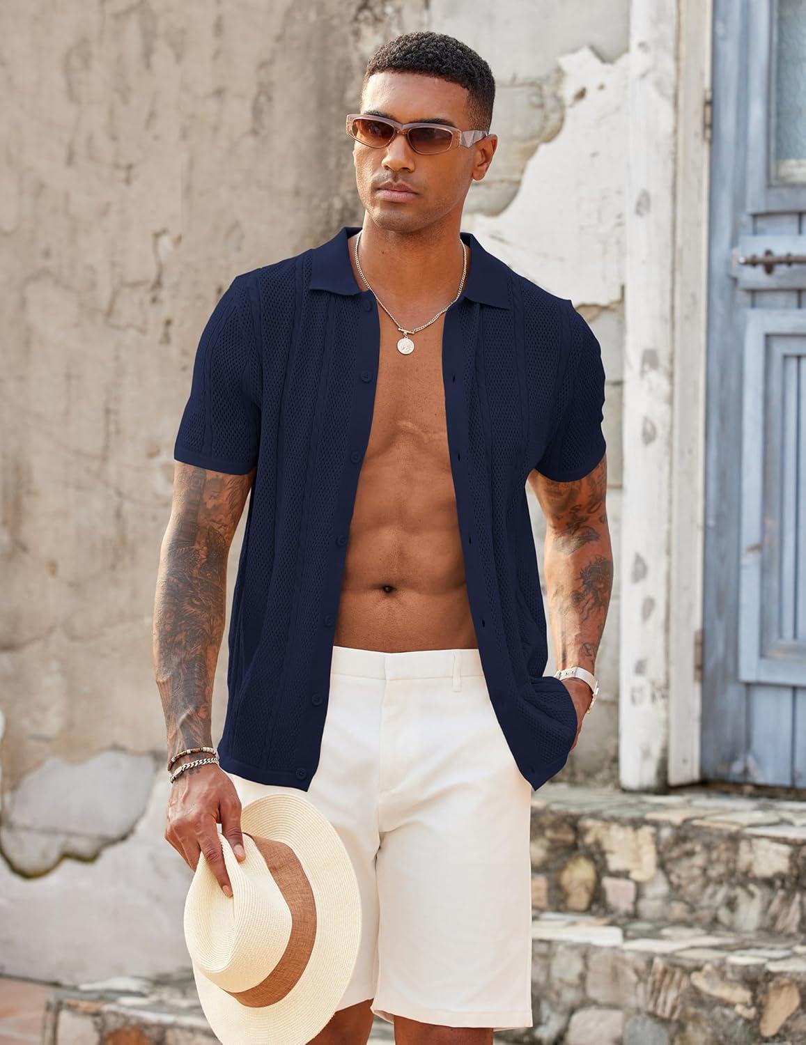 imageCOOFANDY Mens Knit Button Down Shirts Casual Textured Polo Shirt Short Sleeve Vintage Summer Beach TopsNavy Blue