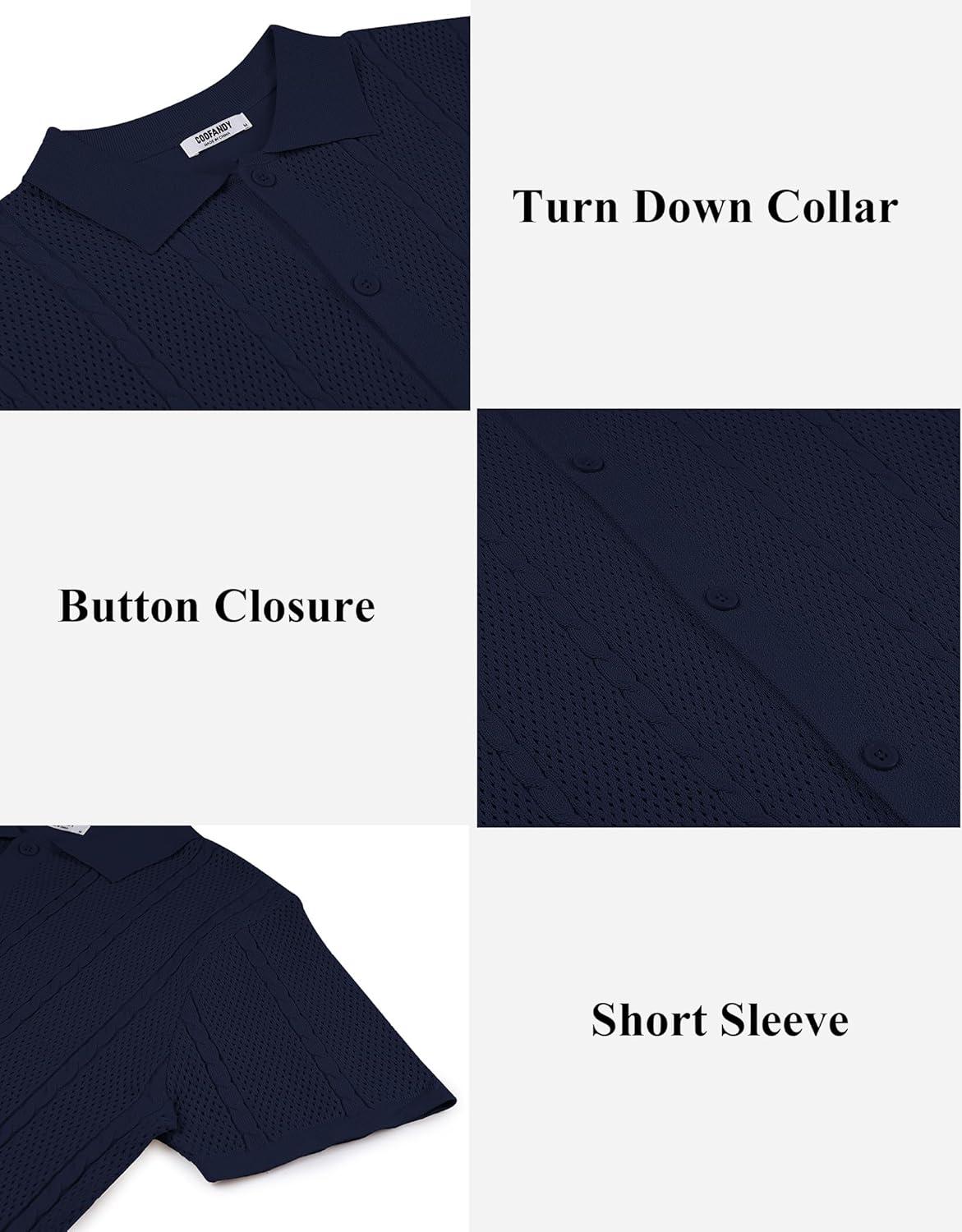 imageCOOFANDY Mens Knit Button Down Shirts Casual Textured Polo Shirt Short Sleeve Vintage Summer Beach TopsNavy Blue