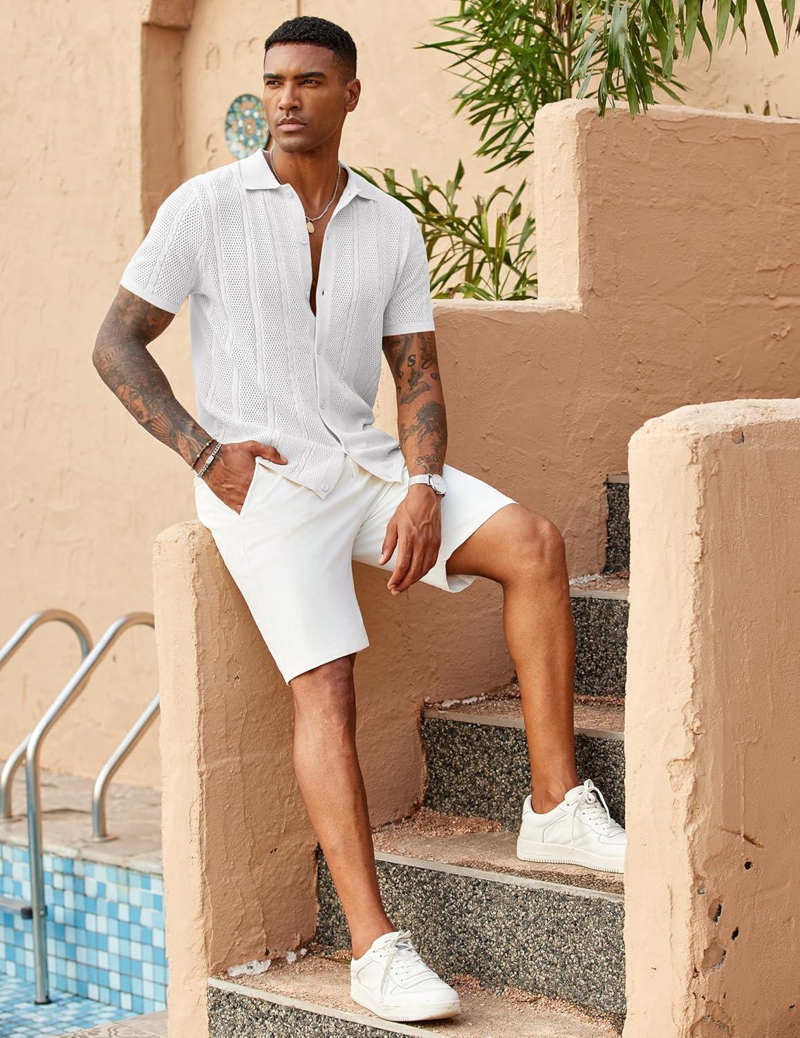 imageCOOFANDY Mens Knit Button Down Shirts Casual Textured Polo Shirt Short Sleeve Vintage Summer Beach TopsWhite