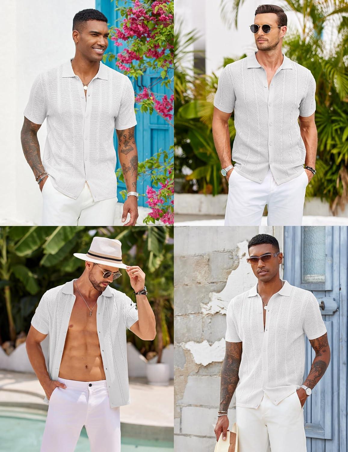 imageCOOFANDY Mens Knit Button Down Shirts Casual Textured Polo Shirt Short Sleeve Vintage Summer Beach TopsWhite
