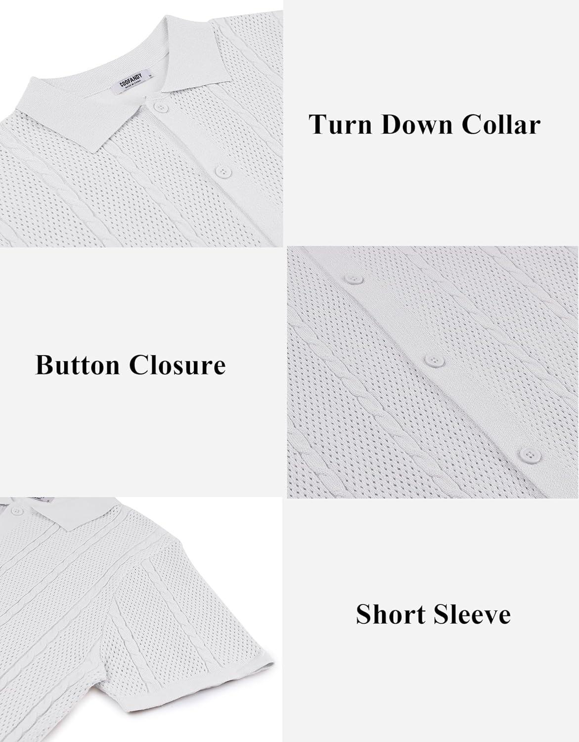 imageCOOFANDY Mens Knit Button Down Shirts Casual Textured Polo Shirt Short Sleeve Vintage Summer Beach TopsWhite