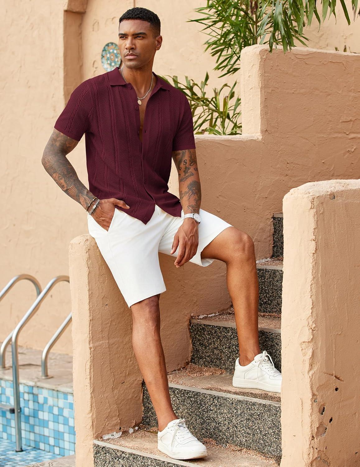 imageCOOFANDY Mens Knit Button Down Shirts Casual Textured Polo Shirt Short Sleeve Vintage Summer Beach TopsWine Red