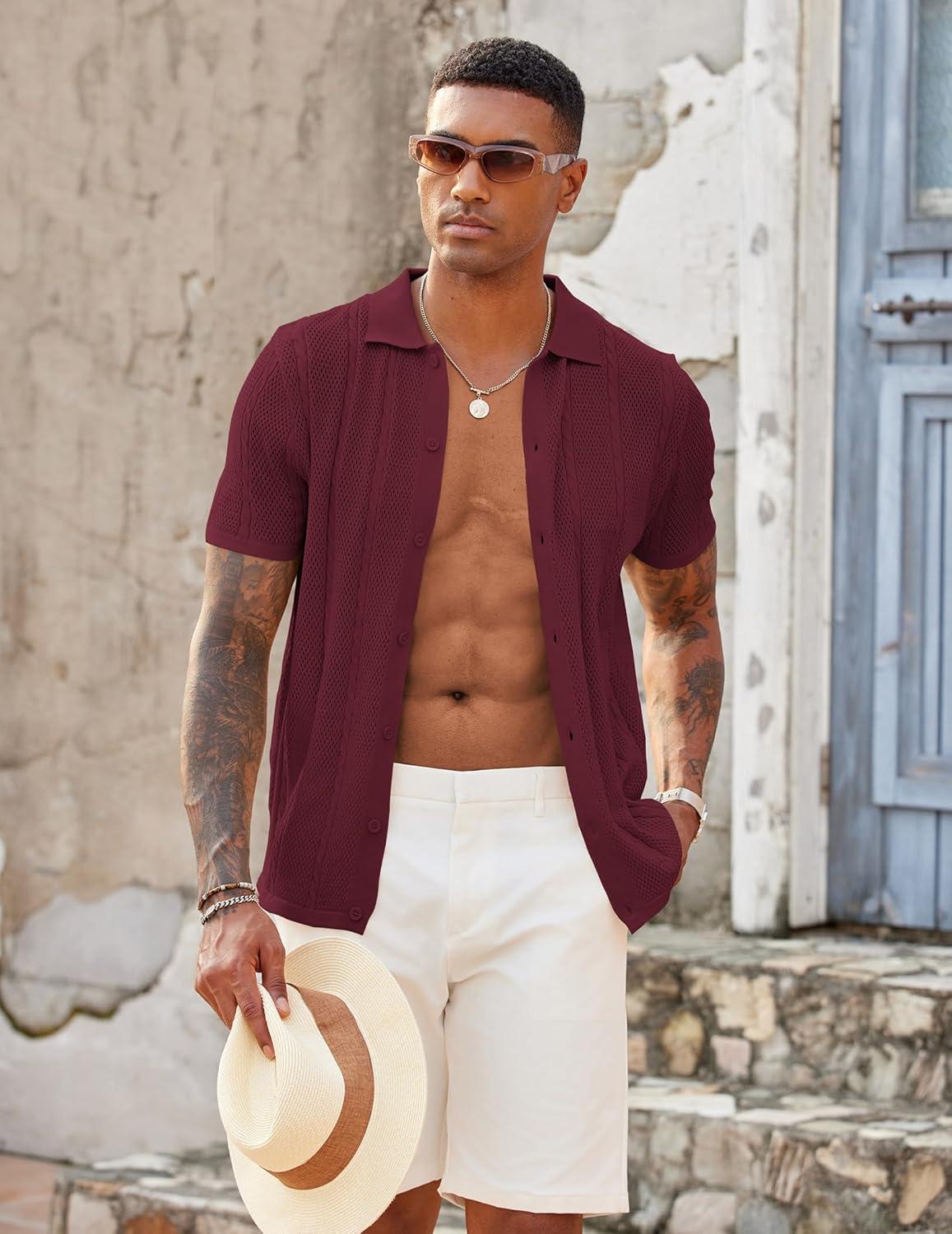 imageCOOFANDY Mens Knit Button Down Shirts Casual Textured Polo Shirt Short Sleeve Vintage Summer Beach TopsWine Red