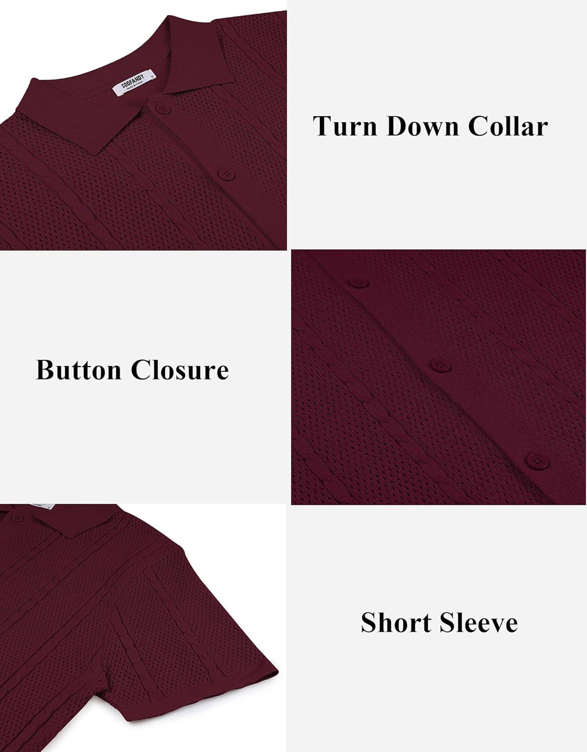 imageCOOFANDY Mens Knit Button Down Shirts Casual Textured Polo Shirt Short Sleeve Vintage Summer Beach TopsWine Red