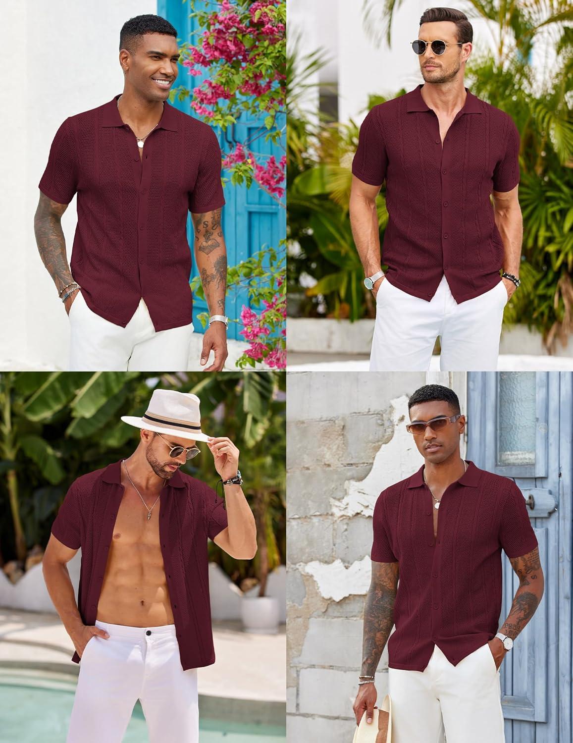 imageCOOFANDY Mens Knit Button Down Shirts Casual Textured Polo Shirt Short Sleeve Vintage Summer Beach TopsWine Red