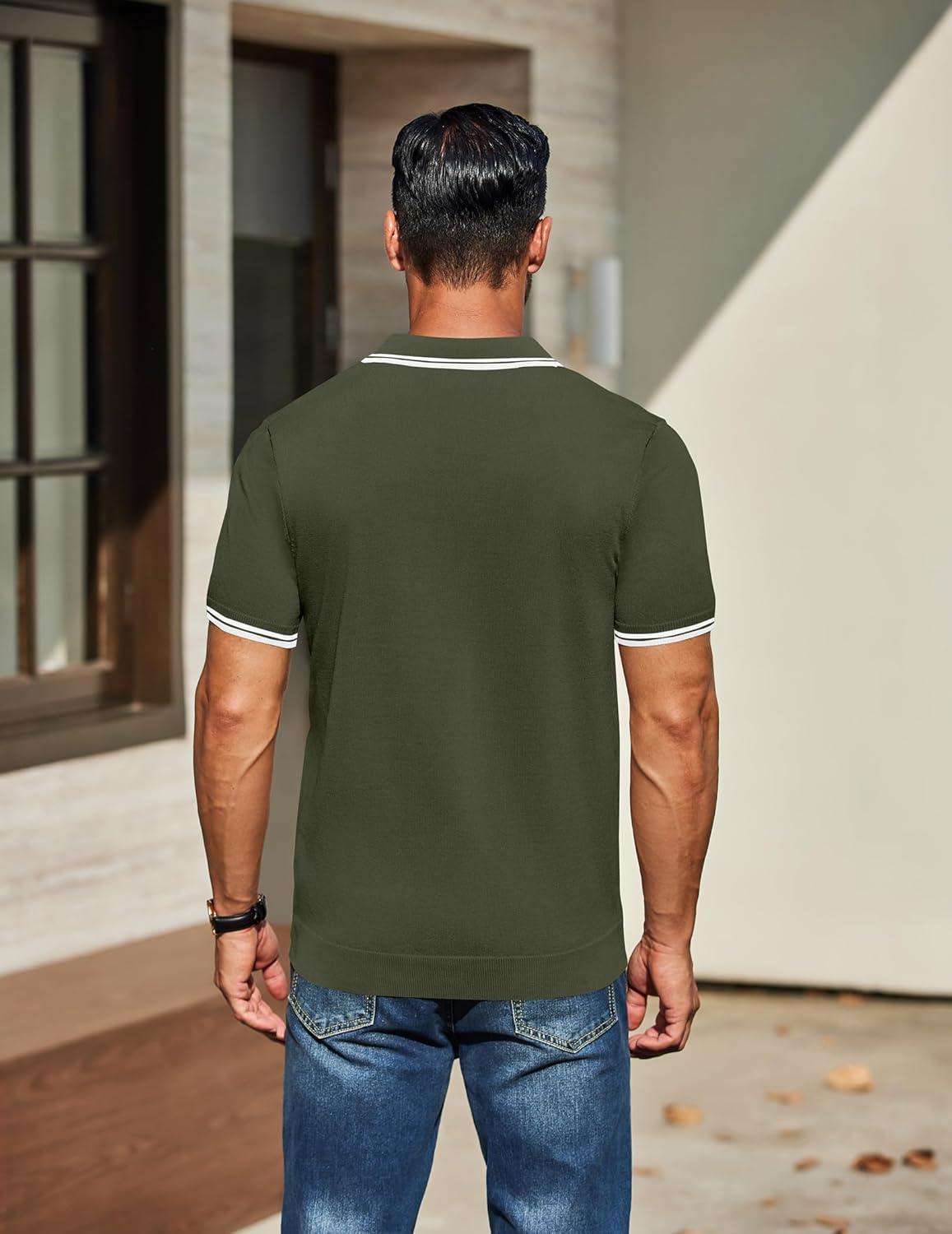 imageCOOFANDY Mens Knit Polo Shirts Casual Short Sleeve Button Down Golf Polo Shirts Vintage Collared T ShirtArmy Green