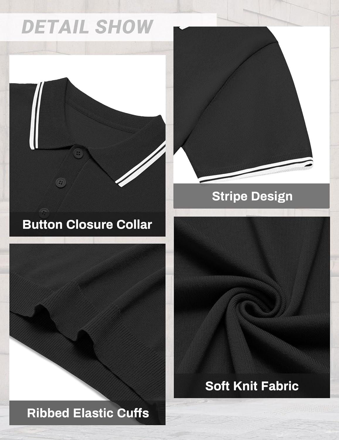 imageCOOFANDY Mens Knit Polo Shirts Casual Short Sleeve Button Down Golf Polo Shirts Vintage Collared T ShirtBlack