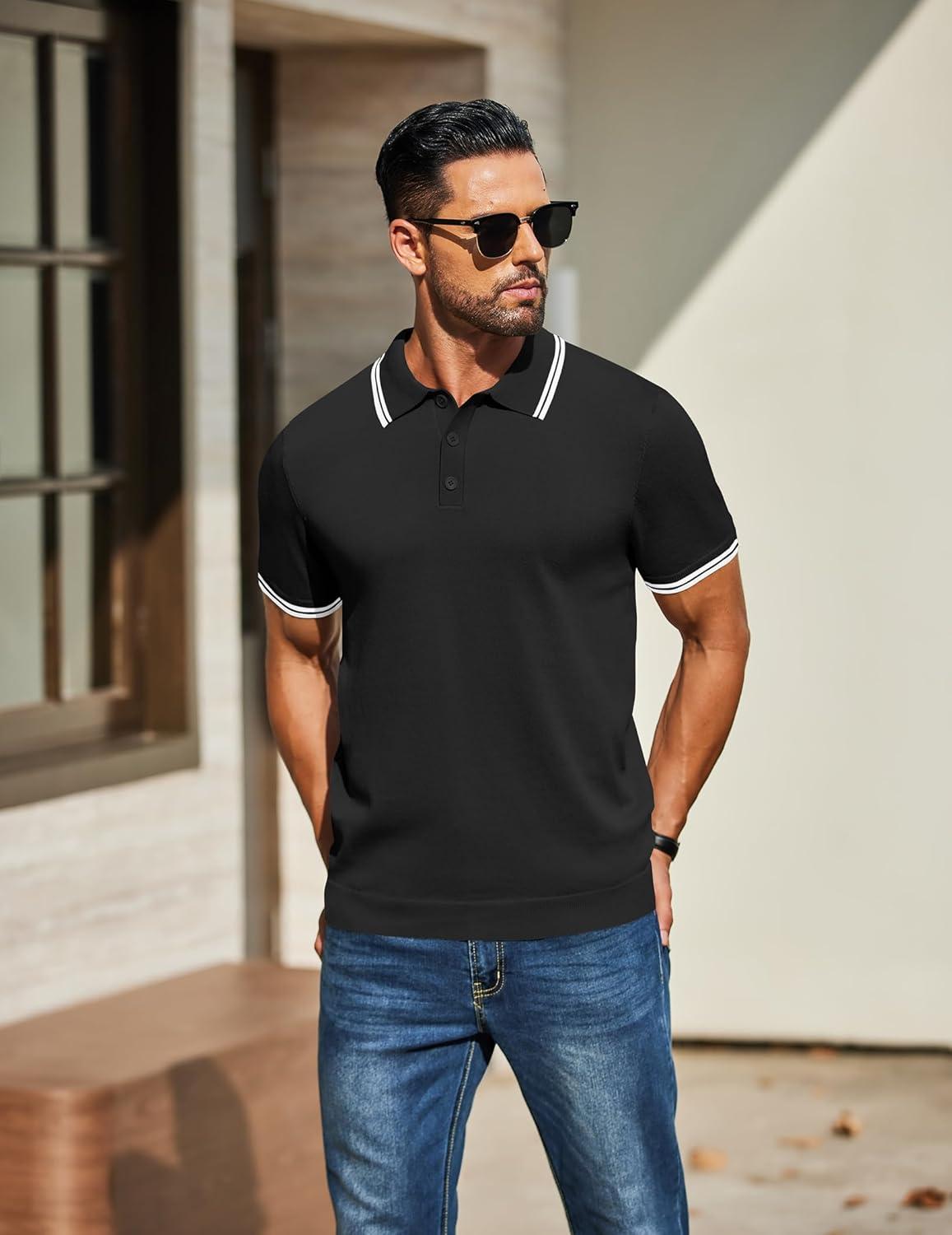 imageCOOFANDY Mens Knit Polo Shirts Casual Short Sleeve Button Down Golf Polo Shirts Vintage Collared T ShirtBlack