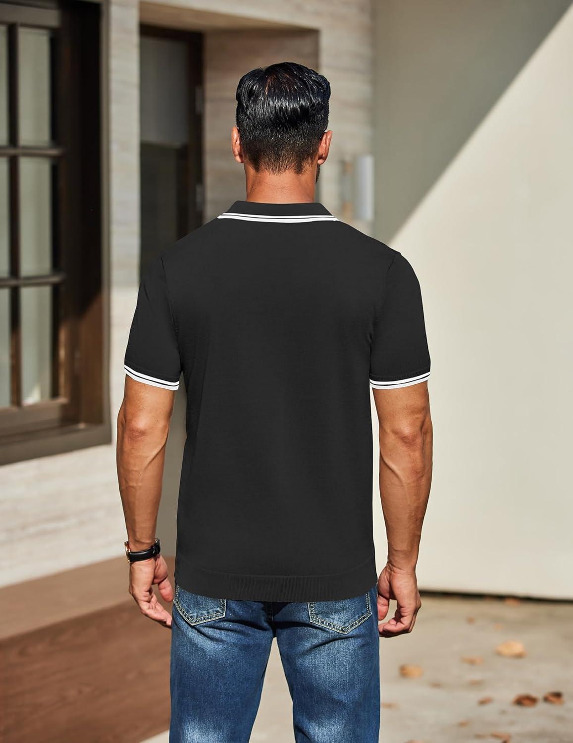 imageCOOFANDY Mens Knit Polo Shirts Casual Short Sleeve Button Down Golf Polo Shirts Vintage Collared T ShirtBlack