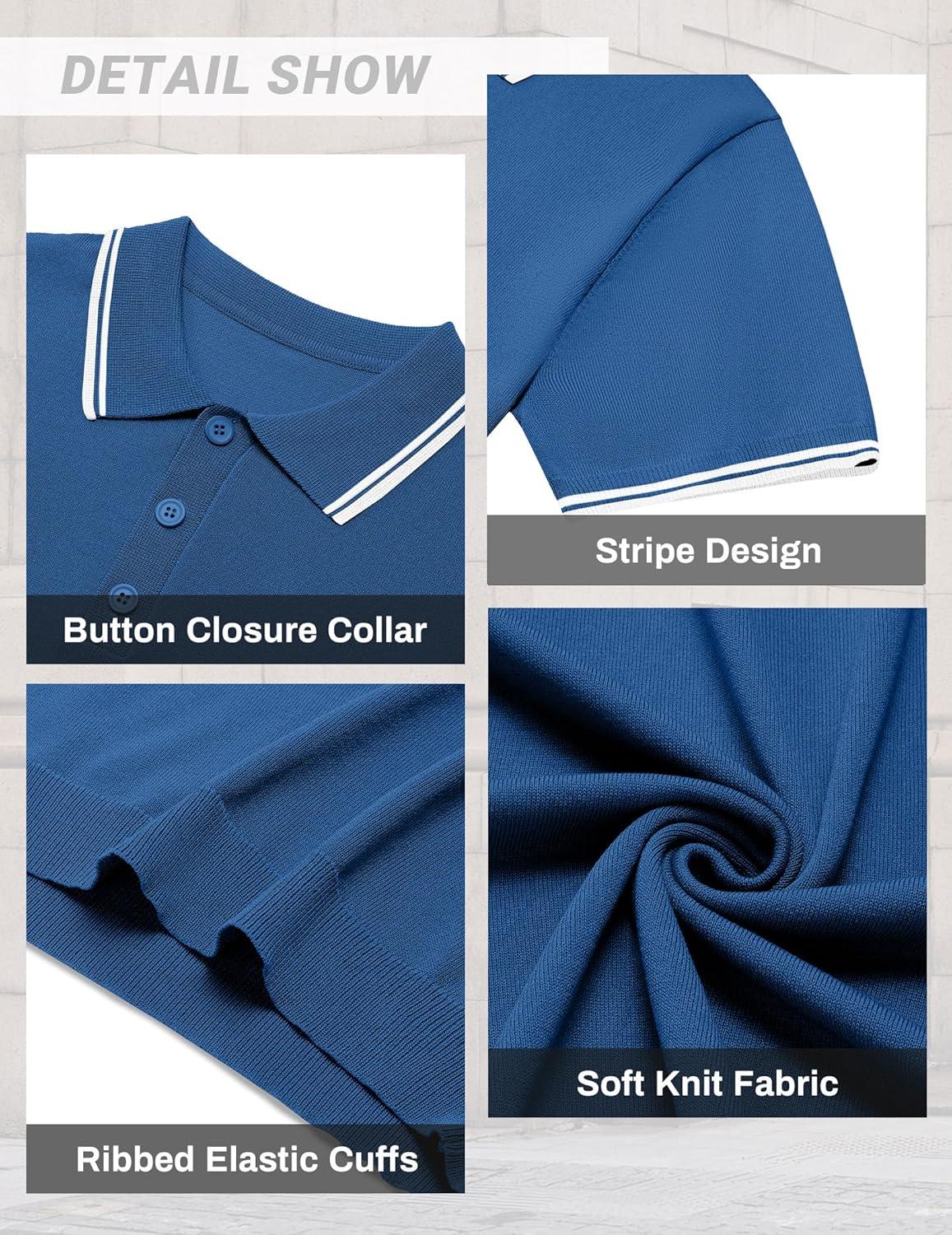 imageCOOFANDY Mens Knit Polo Shirts Casual Short Sleeve Button Down Golf Polo Shirts Vintage Collared T ShirtBlue