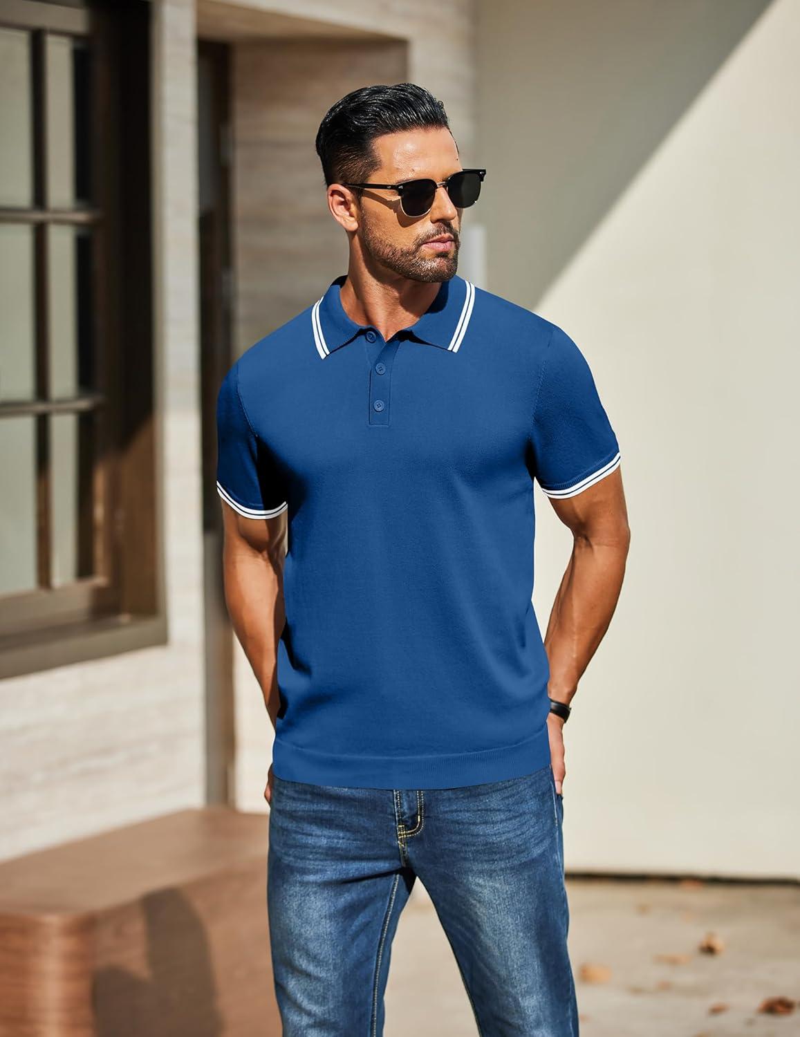 imageCOOFANDY Mens Knit Polo Shirts Casual Short Sleeve Button Down Golf Polo Shirts Vintage Collared T ShirtBlue