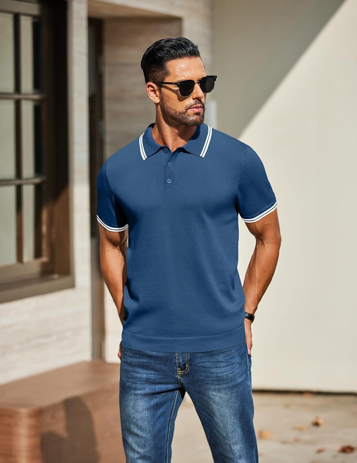 imageCOOFANDY Mens Knit Polo Shirts Casual Short Sleeve Button Down Golf Polo Shirts Vintage Collared T ShirtDark Blue