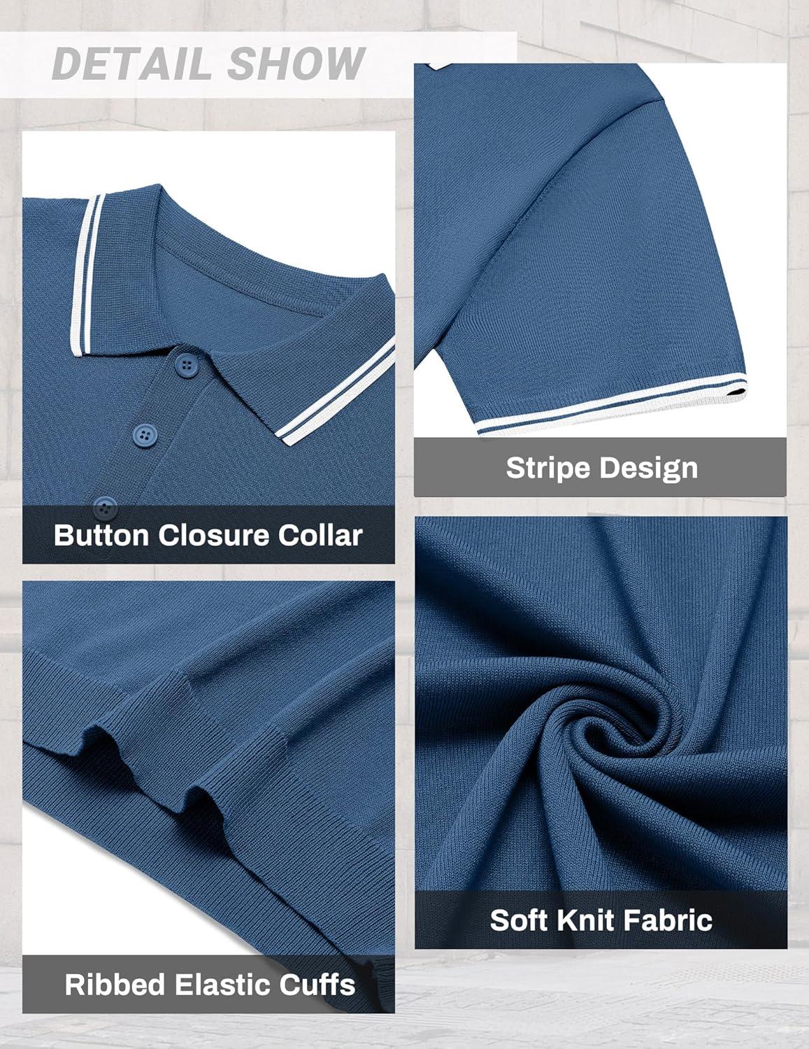 imageCOOFANDY Mens Knit Polo Shirts Casual Short Sleeve Button Down Golf Polo Shirts Vintage Collared T ShirtDark Blue