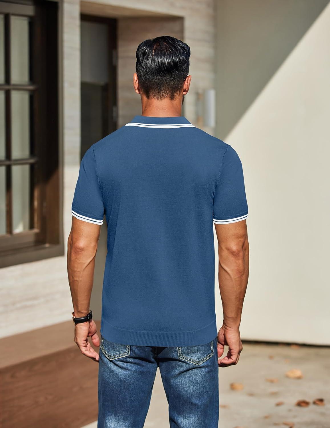 imageCOOFANDY Mens Knit Polo Shirts Casual Short Sleeve Button Down Golf Polo Shirts Vintage Collared T ShirtDark Blue