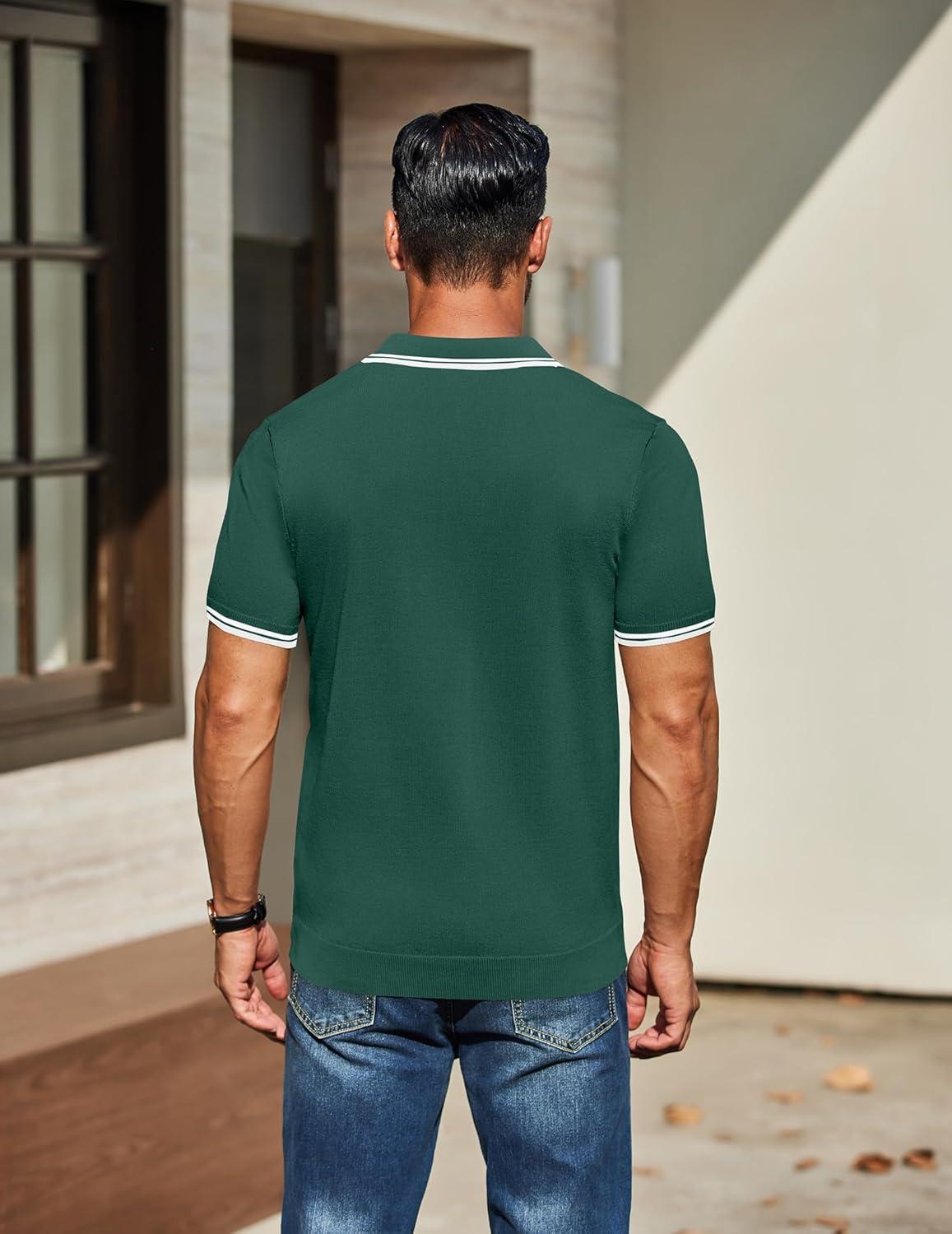 imageCOOFANDY Mens Knit Polo Shirts Casual Short Sleeve Button Down Golf Polo Shirts Vintage Collared T ShirtGreen