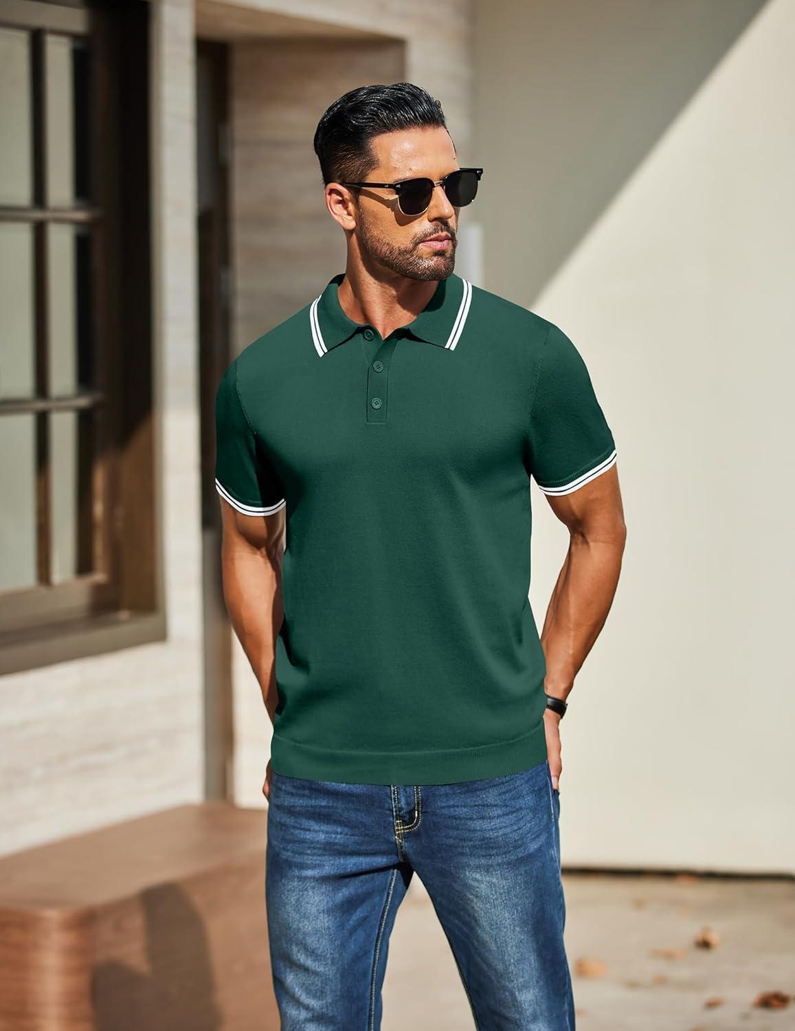 imageCOOFANDY Mens Knit Polo Shirts Casual Short Sleeve Button Down Golf Polo Shirts Vintage Collared T ShirtGreen