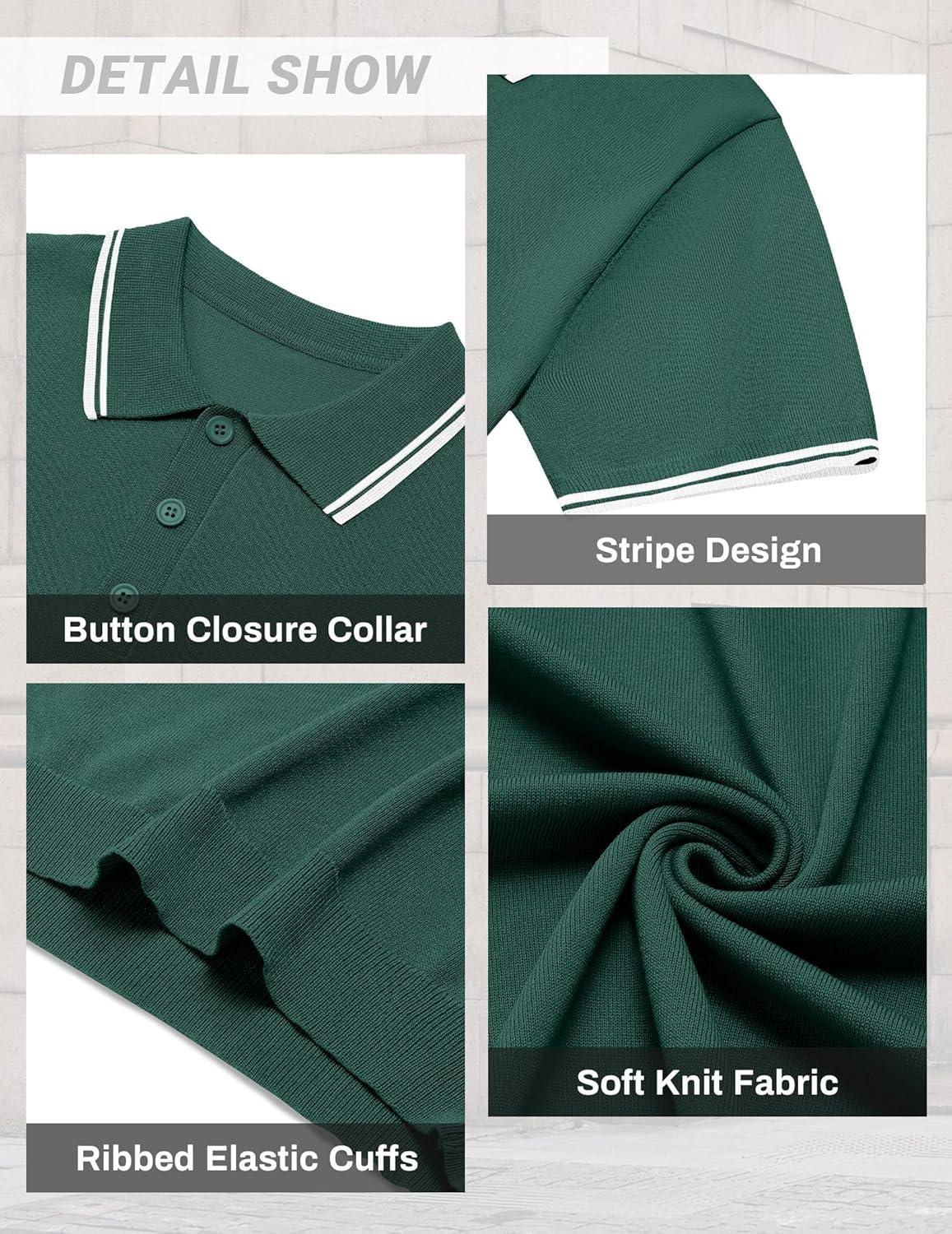 imageCOOFANDY Mens Knit Polo Shirts Casual Short Sleeve Button Down Golf Polo Shirts Vintage Collared T ShirtGreen