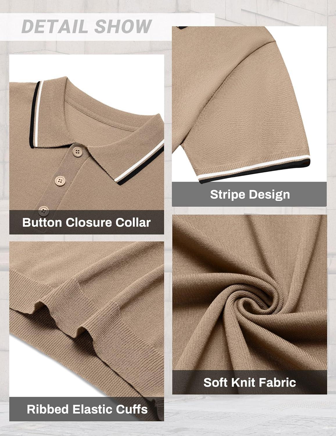 imageCOOFANDY Mens Knit Polo Shirts Casual Short Sleeve Button Down Golf Polo Shirts Vintage Collared T ShirtKhaki
