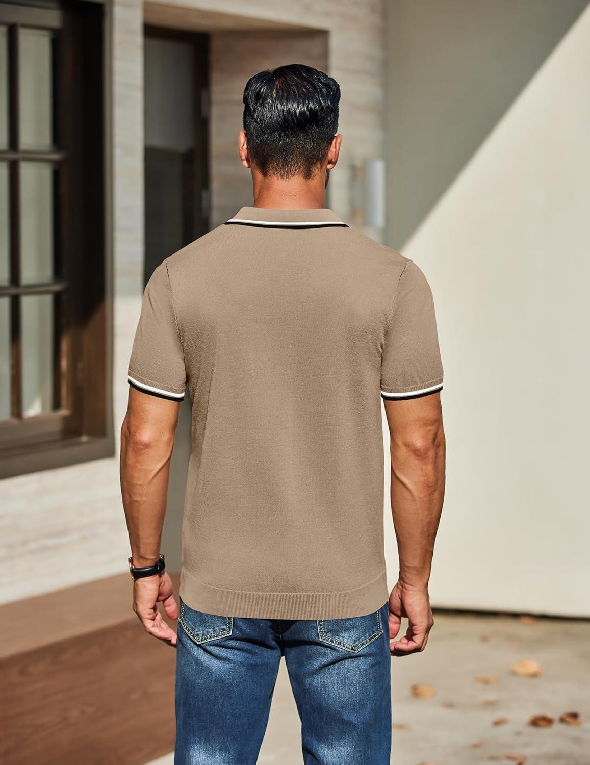 imageCOOFANDY Mens Knit Polo Shirts Casual Short Sleeve Button Down Golf Polo Shirts Vintage Collared T ShirtKhaki