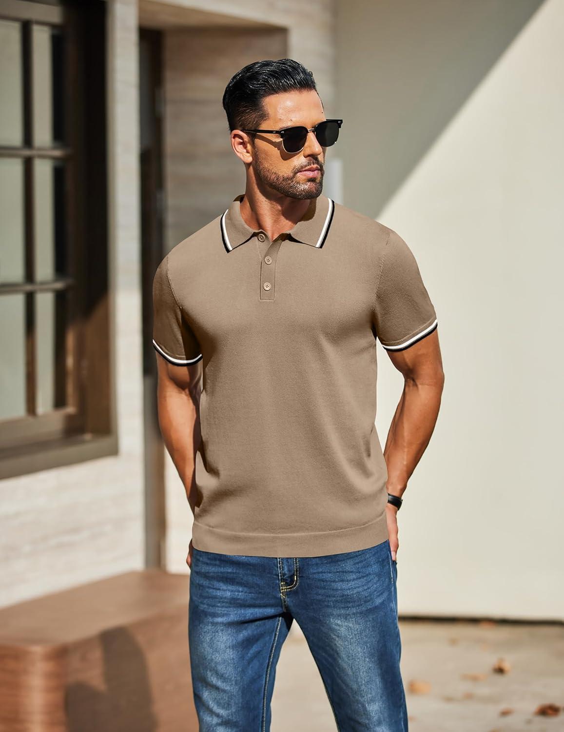 imageCOOFANDY Mens Knit Polo Shirts Casual Short Sleeve Button Down Golf Polo Shirts Vintage Collared T ShirtKhaki