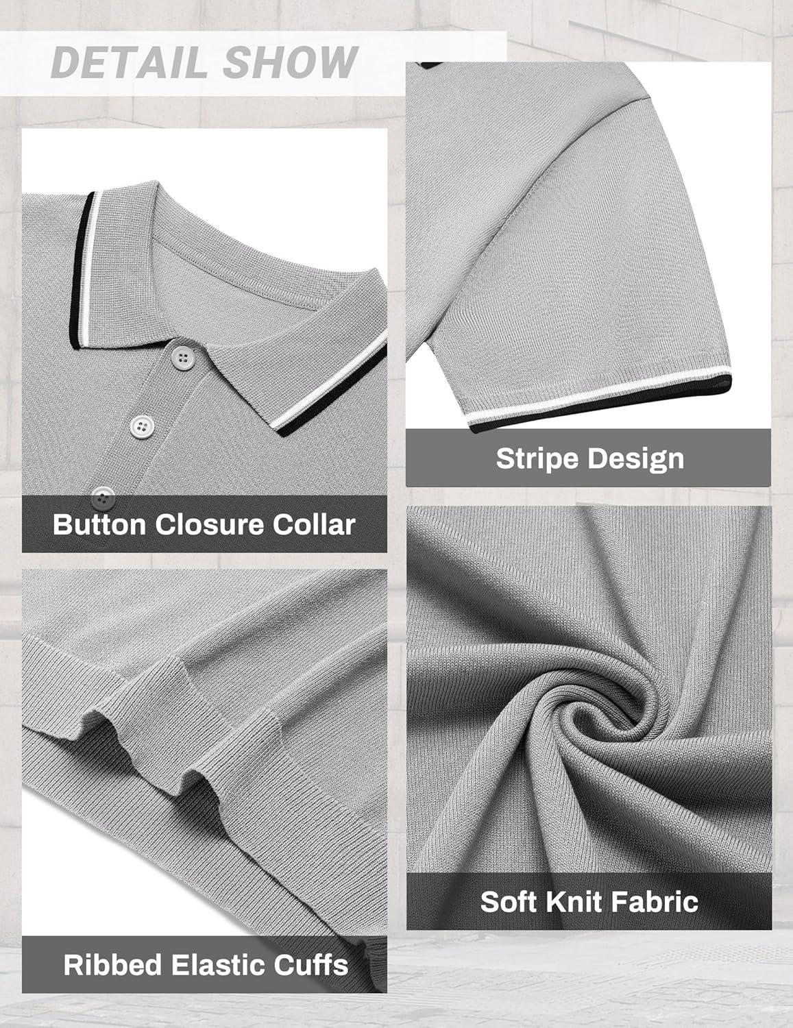 imageCOOFANDY Mens Knit Polo Shirts Casual Short Sleeve Button Down Golf Polo Shirts Vintage Collared T ShirtLight Gray