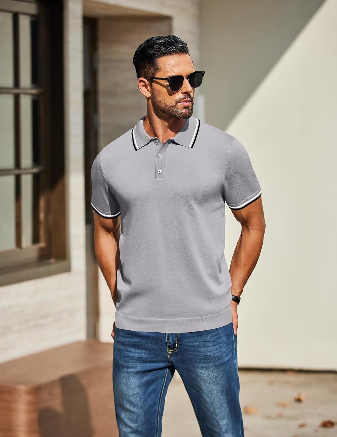 imageCOOFANDY Mens Knit Polo Shirts Casual Short Sleeve Button Down Golf Polo Shirts Vintage Collared T ShirtLight Gray